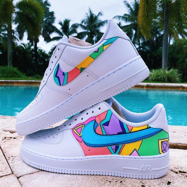 Custom AF 1s Shoes with Geometric Patterns and Blue Color
