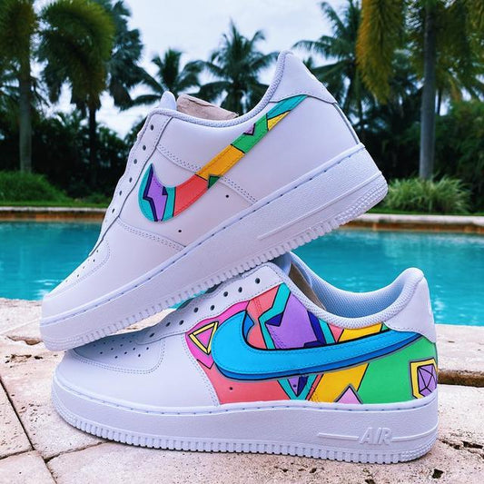 Custom AF 1s Shoes with Geometric Patterns and Blue Color
