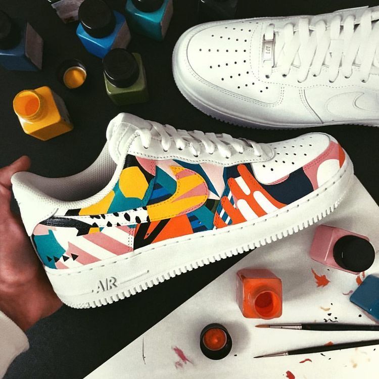 Custom AF 1s Shoes with Geometric Patterns Orange Blue Pink