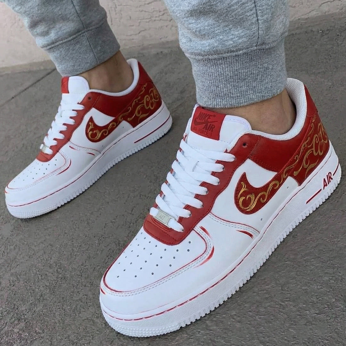 Custom AF 1s Shoes With Gold Patterns Red