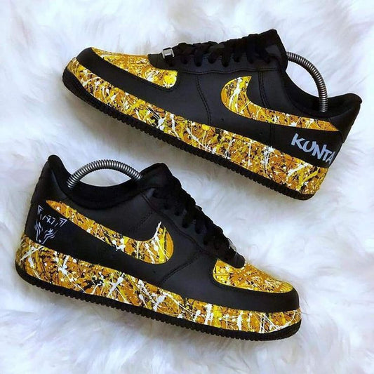 Custom AF 1s Shoes with Gold Splatter Pattern Black Color