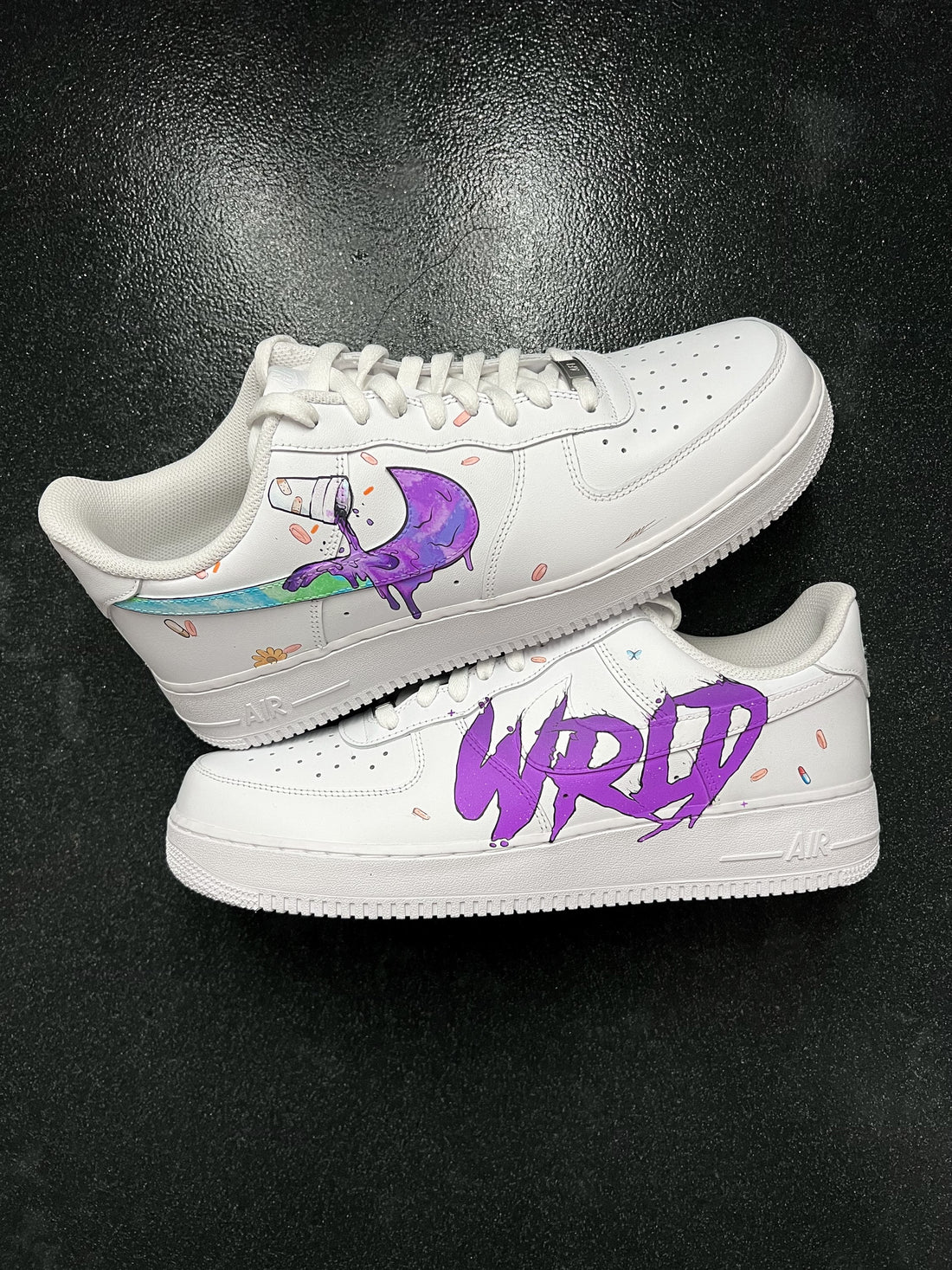 Custom AF 1s Shoes with Graffiti and Paint - Splatter Design Purple Green