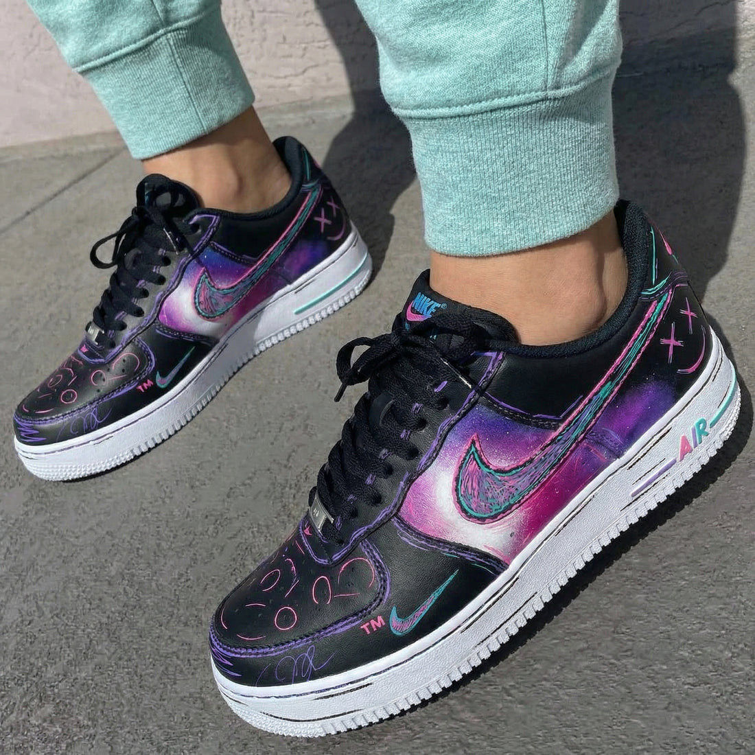 Custom AF 1s Shoes with Graffiti Design Black Purple Pink