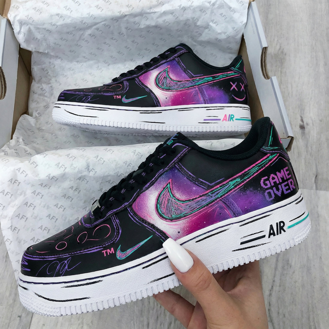 Custom AF 1s Shoes with Graffiti Design Black Purple Pink