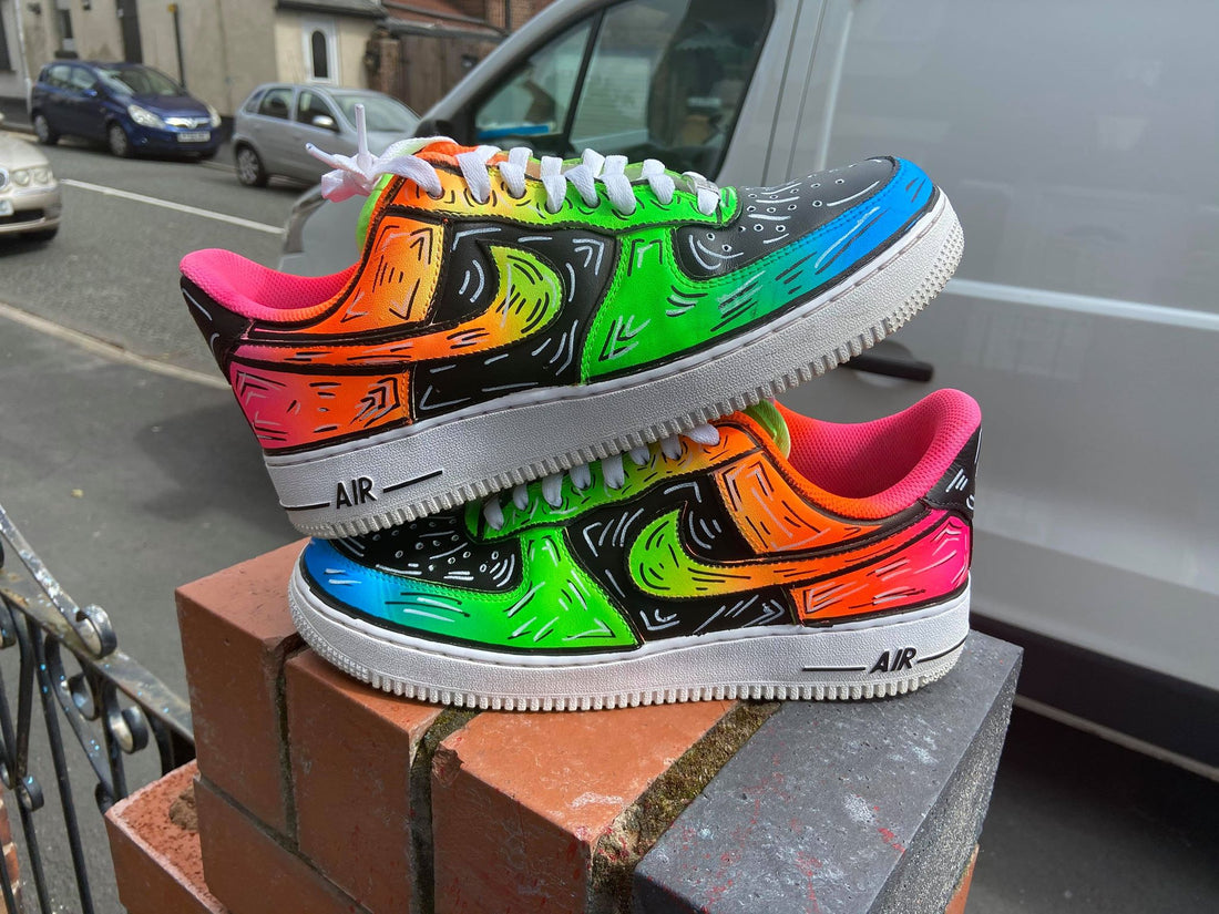 Custom AF 1s Shoes with Graffiti Design in Orange Green and Pink