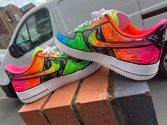 Custom AF 1s Shoes with Graffiti Design in Orange Green and Pink