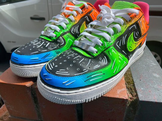 Custom AF 1s Shoes with Graffiti Design in Orange Green and Pink