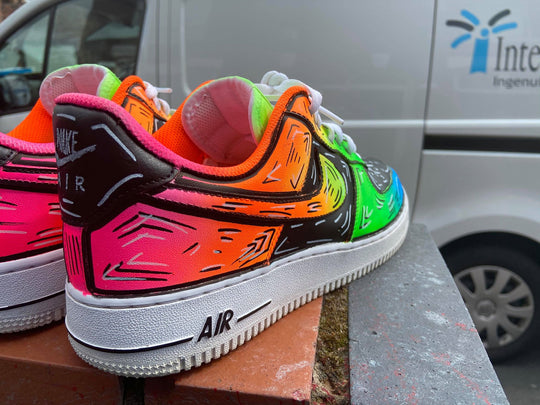 Custom AF 1s Shoes with Graffiti Design in Orange Green and Pink