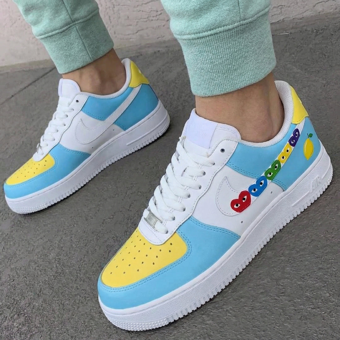 Custom AF 1s Shoes with Heart Pattern Baby Blue and Yellow