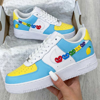Custom AF 1s Shoes with Heart Pattern Baby Blue and Yellow