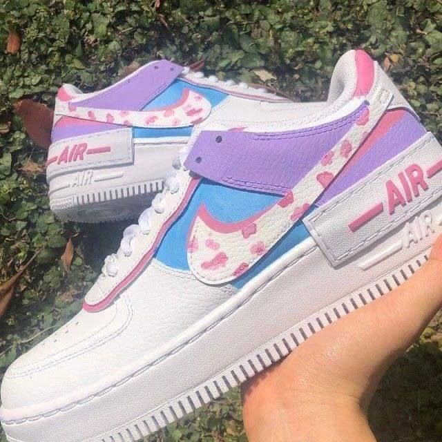 Custom AF 1s Shoes with Heart Pattern Baby Pink and Purple