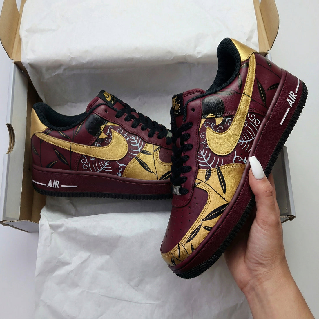 Custom AF 1s Shoes with Leaf Pattern Maroon and Gold