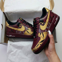 Custom AF 1s Shoes with Leaf Pattern Maroon and Gold
