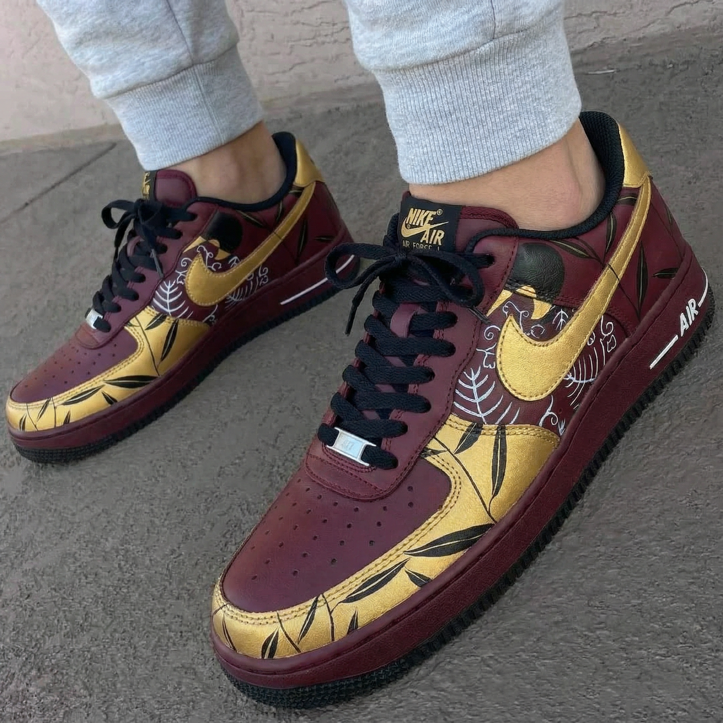 Custom AF 1s Shoes with Leaf Pattern Maroon and Gold