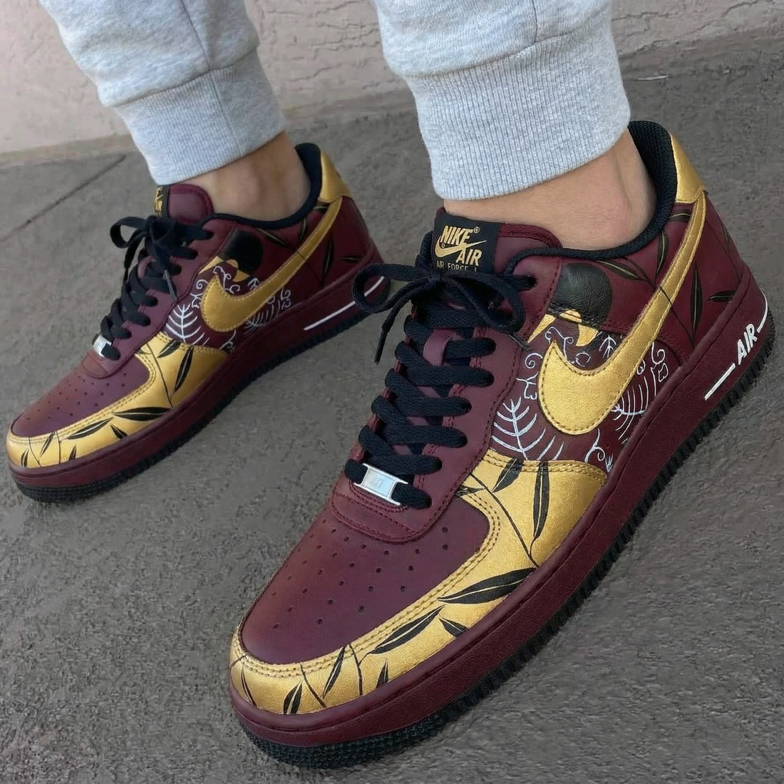 Custom AF 1s Shoes with Leaf Pattern Maroon and Gold