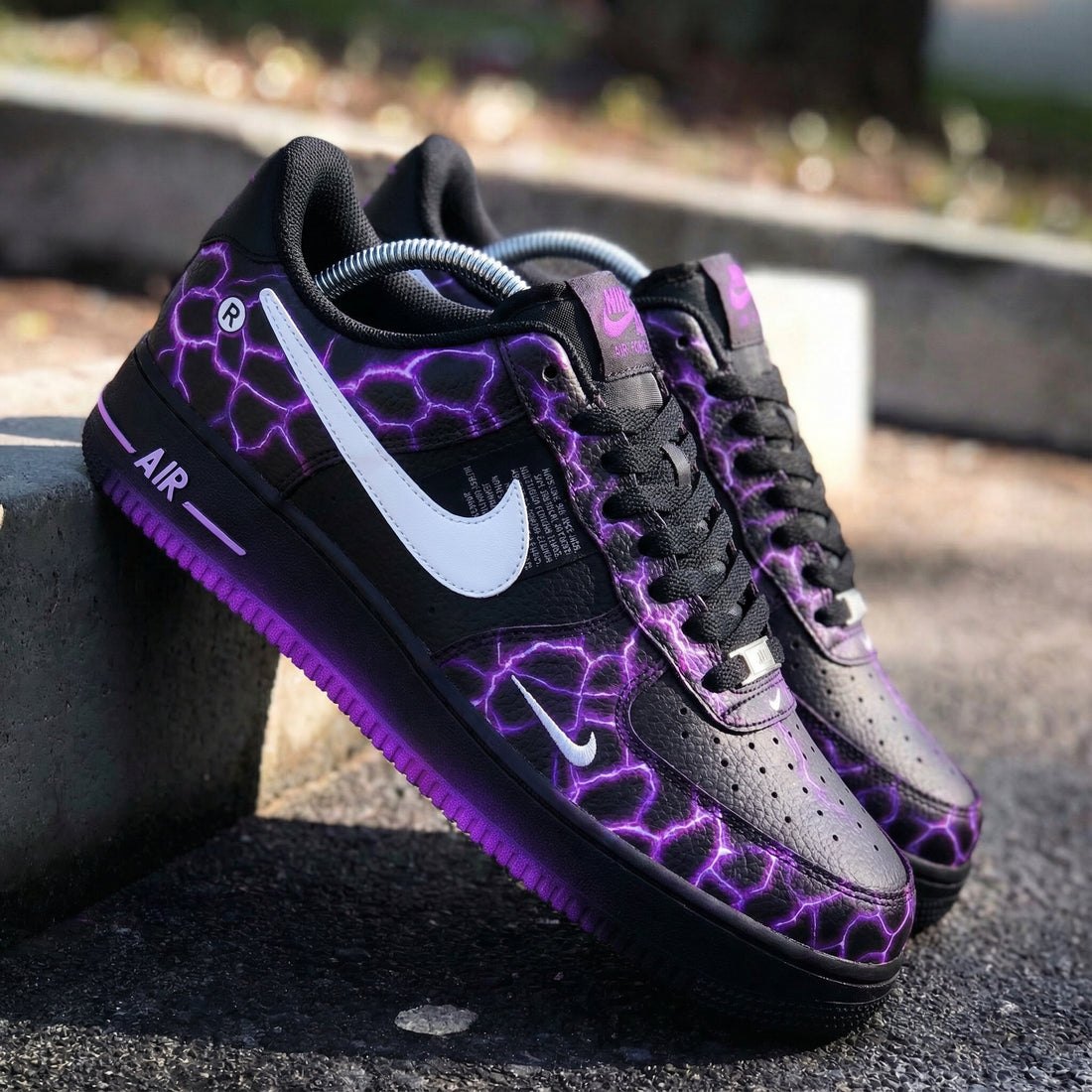 Custom AF 1s Shoes with Lightning Pattern Black Purple