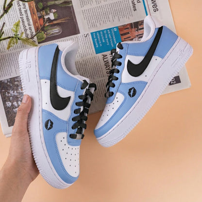 Custom AF 1s Shoes with Lip Print Baby Blue and Black