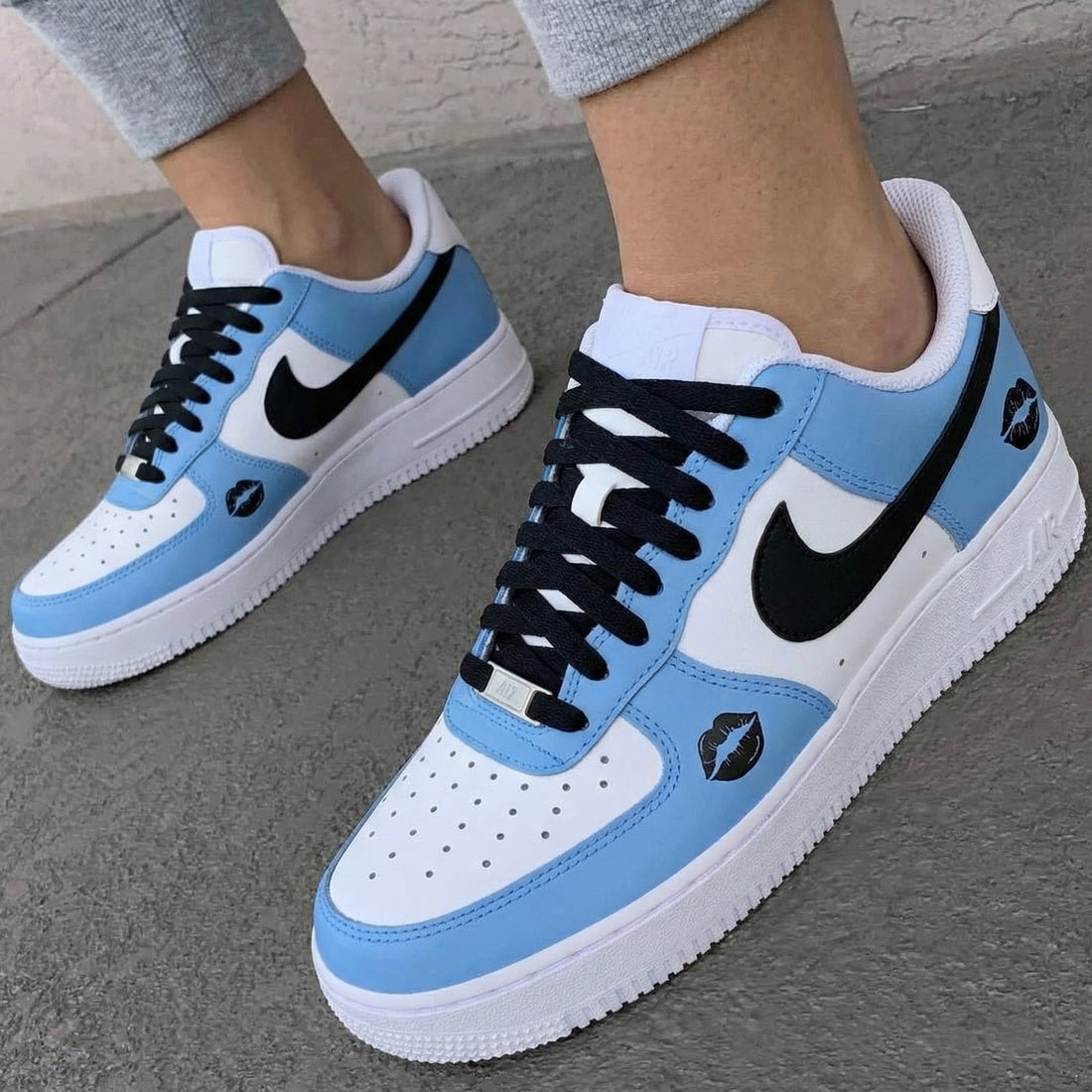 Custom AF 1s Shoes with Lip Print Baby Blue and Black