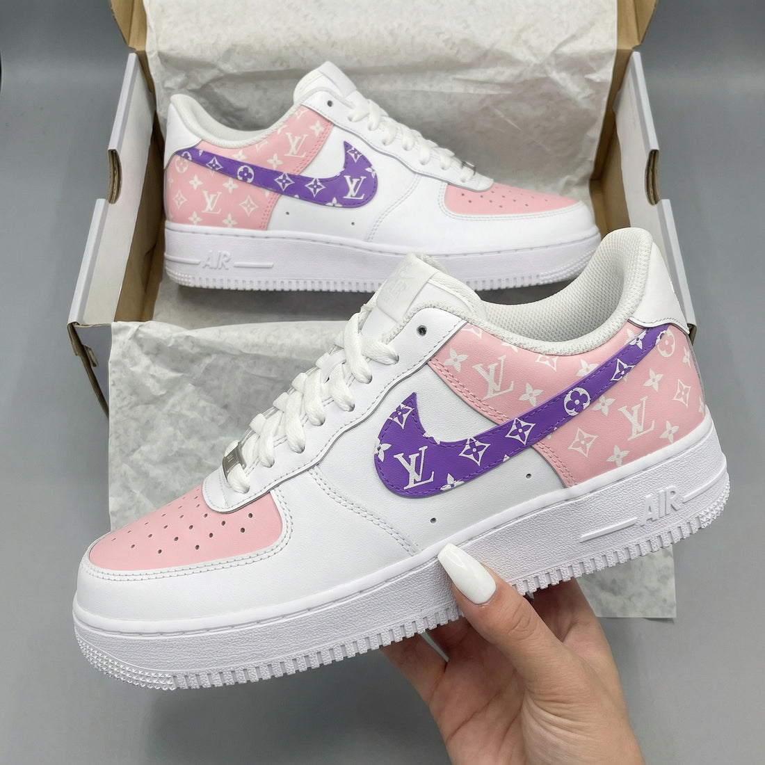 Custom AF 1s Shoes With LV Logo Baby Pink And Purple