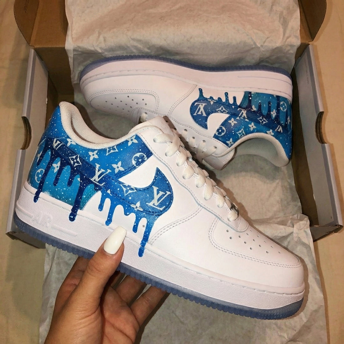 Custom AF 1s Shoes With LV Logo Drip Galaxy White Baby Blue