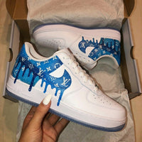 Custom AF 1s Shoes With LV Logo Drip Galaxy White Baby Blue