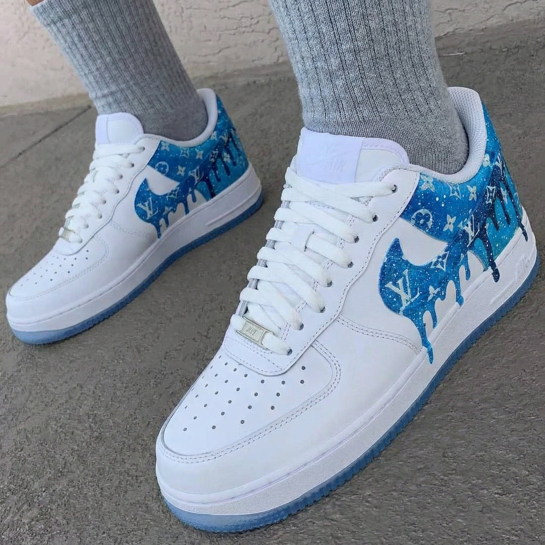 Custom AF 1s Shoes With LV Logo Drip Galaxy White Baby Blue