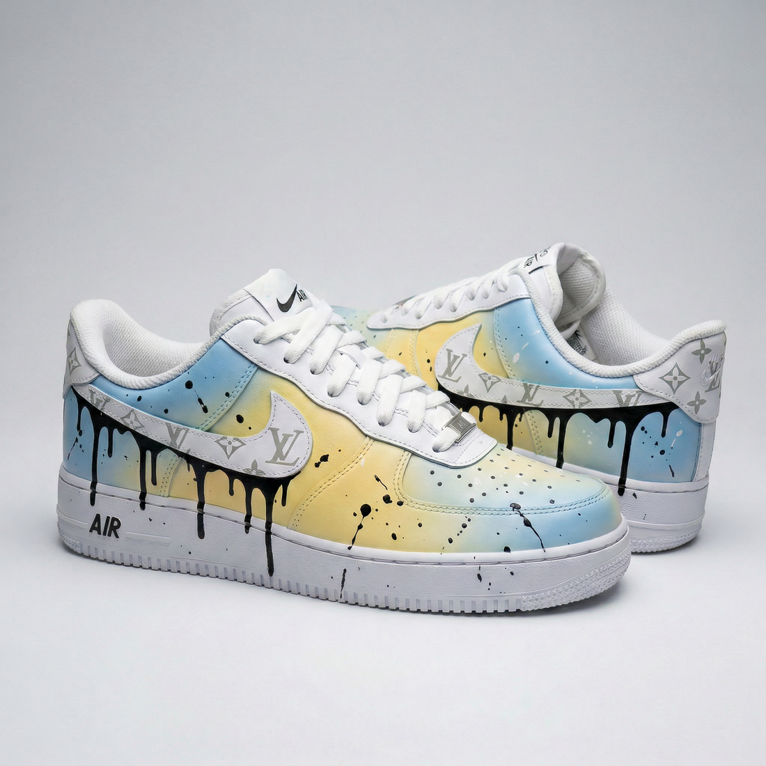Custom AF 1s Shoes With LV Logo Drip Paint Baby Blue Yellow Black