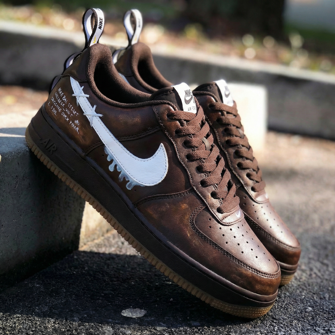 Custom AF 1s Shoes with Melting Swoosh Design Brown White
