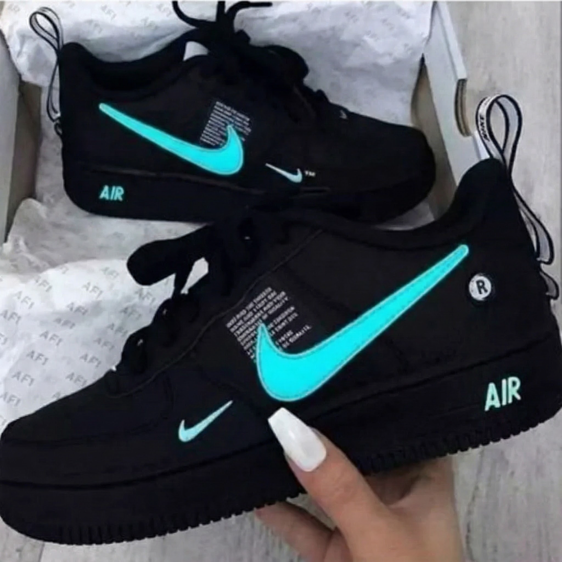 Custom AF 1s Shoes with Neon Teal Accents Black