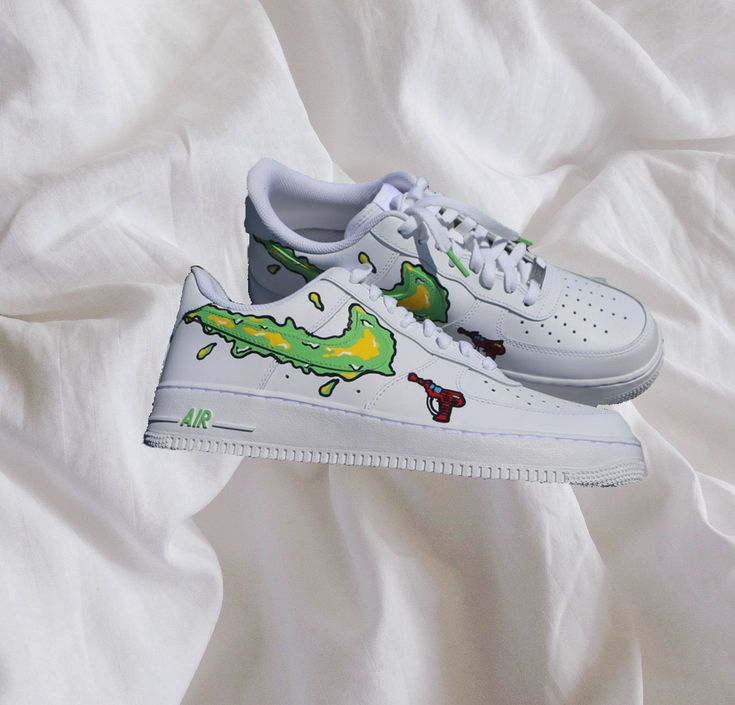 Custom AF 1s Shoes with Paint - Splatter and Pistol Design Green Yellow