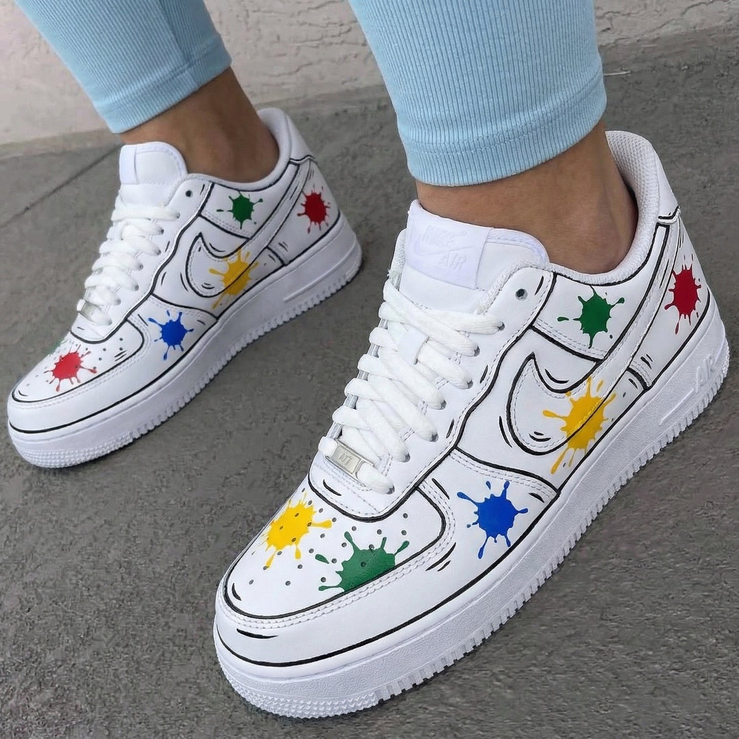 Custom AF 1s Shoes with Paint Splatter Design in Red Green Blue Yellow