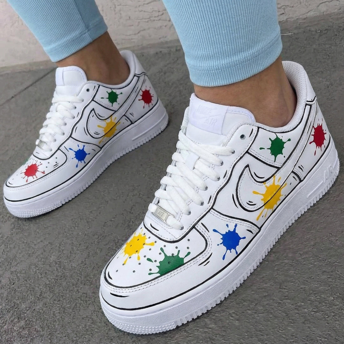 Custom AF 1s Shoes with Paint Splatter Design in Red Green Blue Yellow