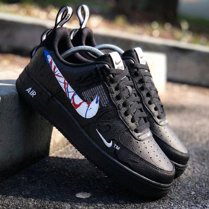 Custom AF 1s Shoes with Paint - Splattered Swoosh Black Red Blue