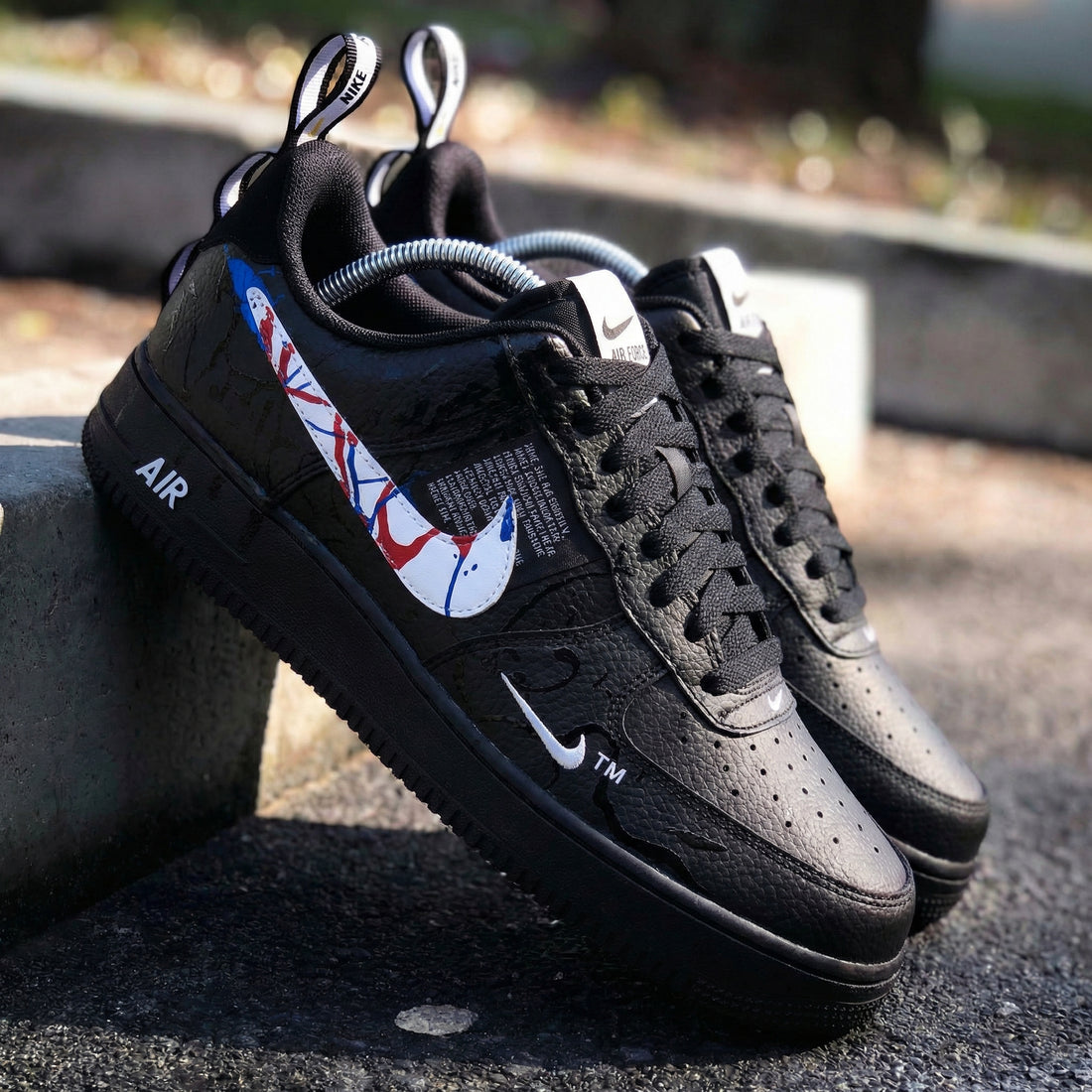 Custom AF 1s Shoes with Paint - Splattered Swoosh Black Red Blue