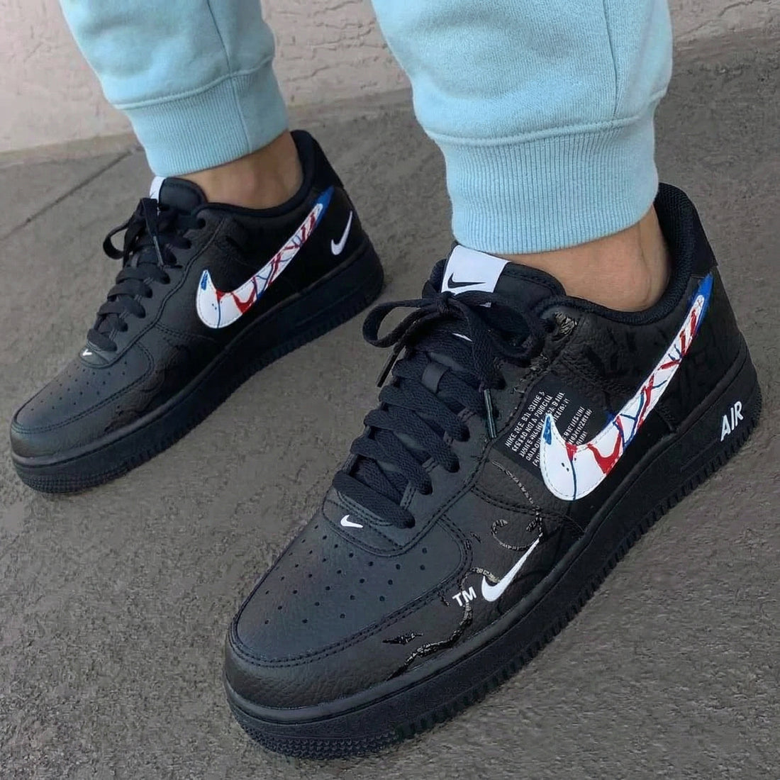 Custom AF 1s Shoes with Paint - Splattered Swoosh Black Red Blue