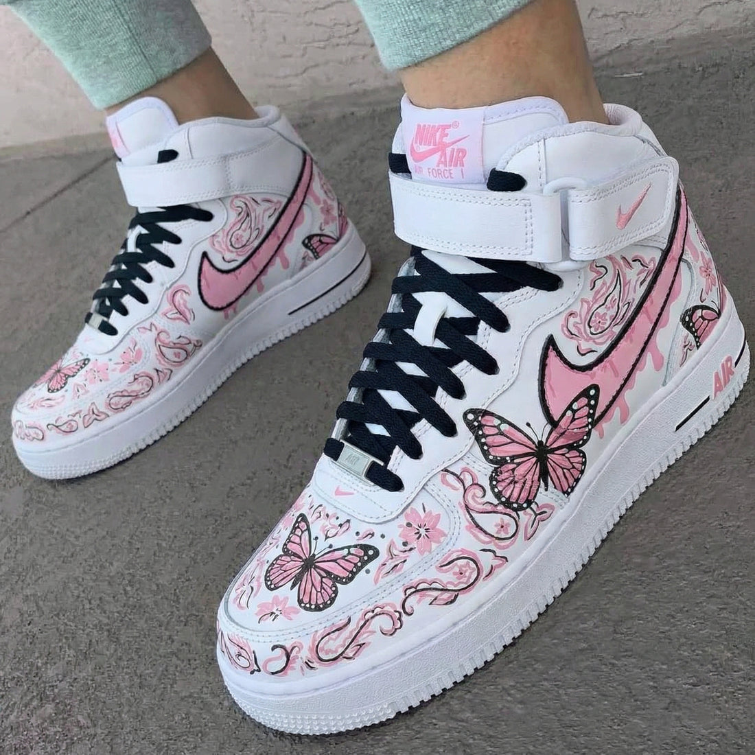 Custom AF 1s Shoes with Paisley and Butterflies Pink Black