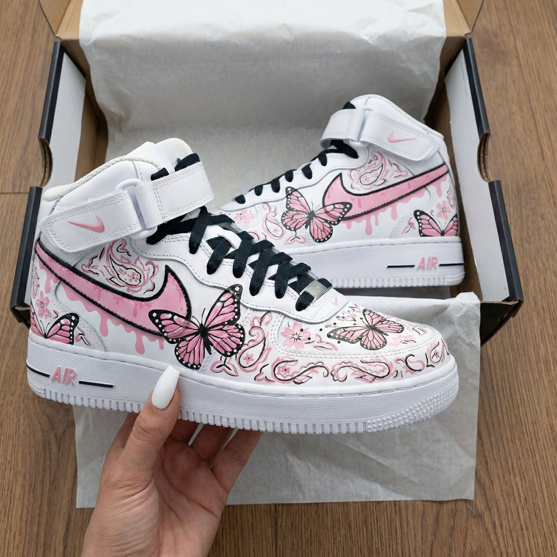 Custom AF 1s Shoes with Paisley and Butterflies Pink Black