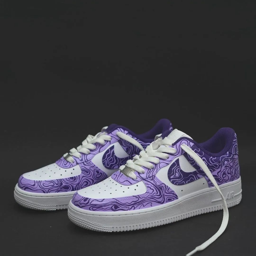 Custom AF 1s Shoes with Purple Marbling Pattern and White