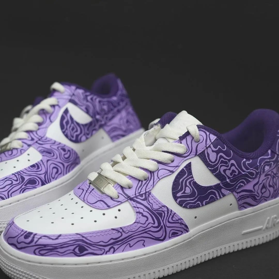 Custom AF 1s Shoes with Purple Marbling Pattern and White