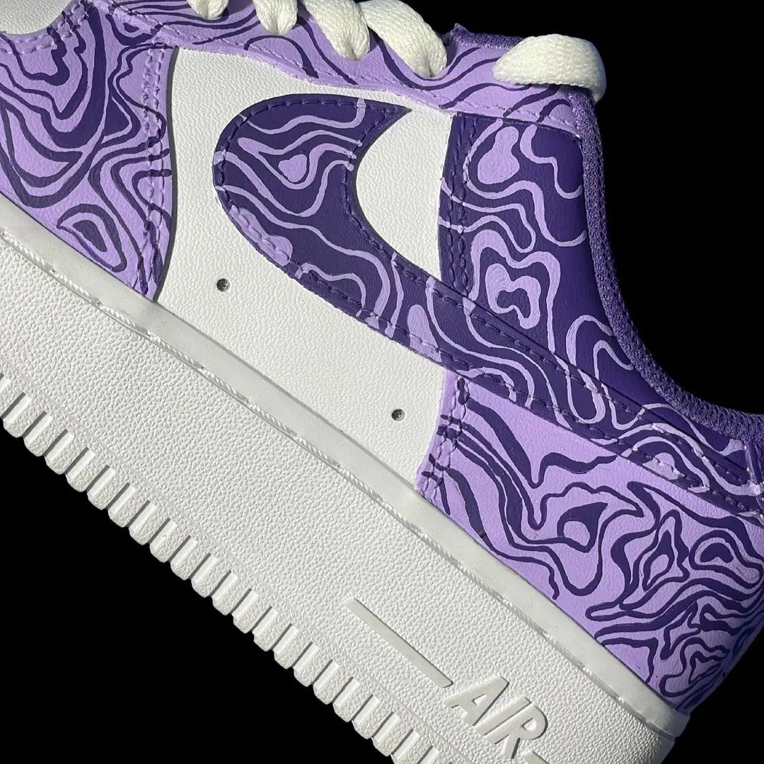 Custom AF 1s Shoes with Purple Marbling Pattern and White