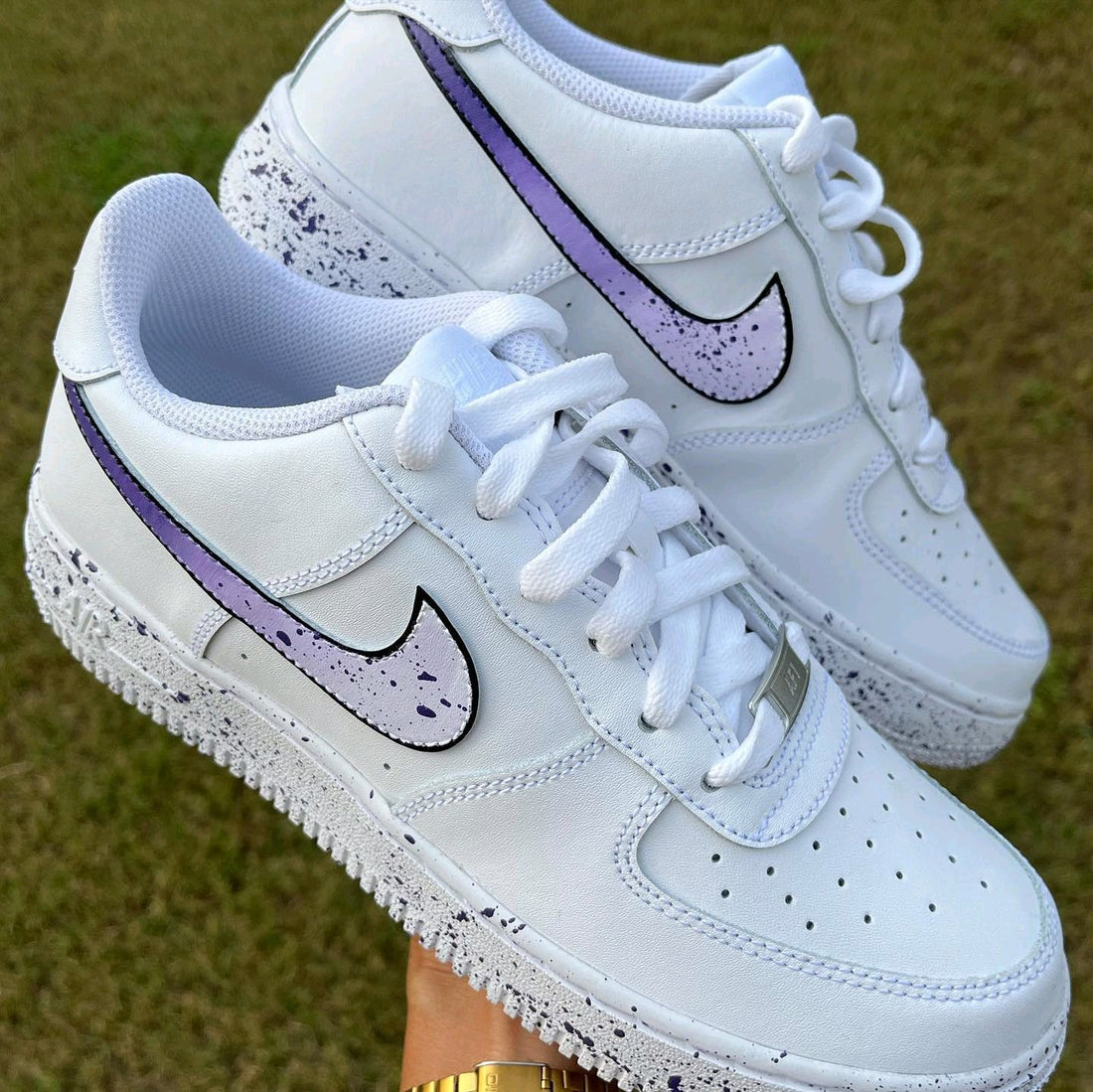 Custom AF 1s Shoes with Purple Splatter Design Purple Color