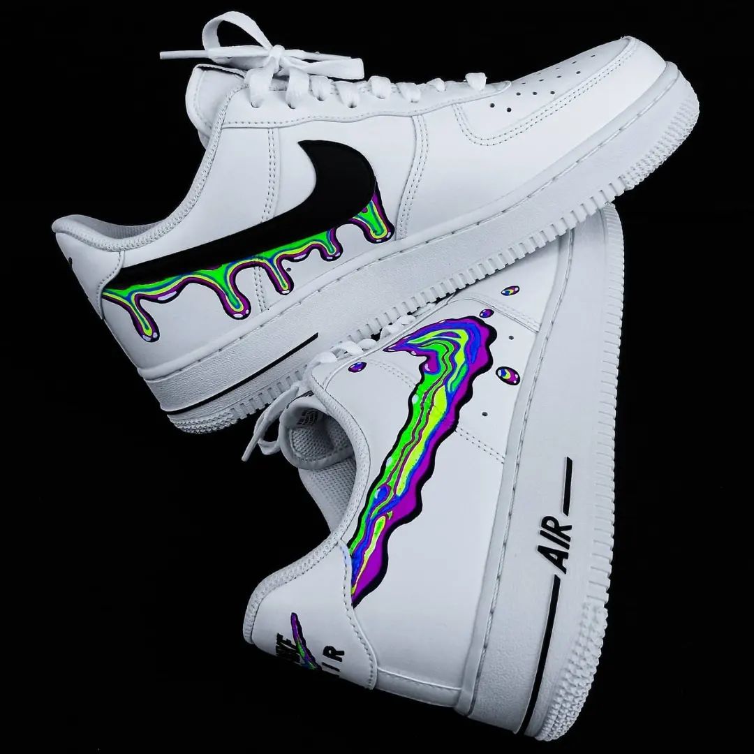 Custom AF 1s Shoes with Rainbow Drip Pattern Black Color