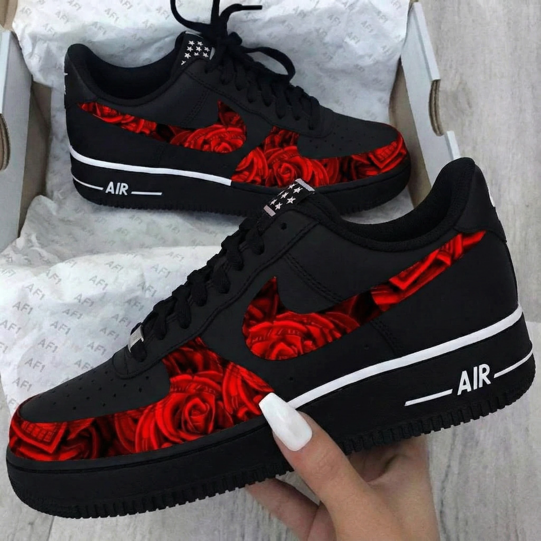 Custom AF 1s Shoes with Red Roses Black