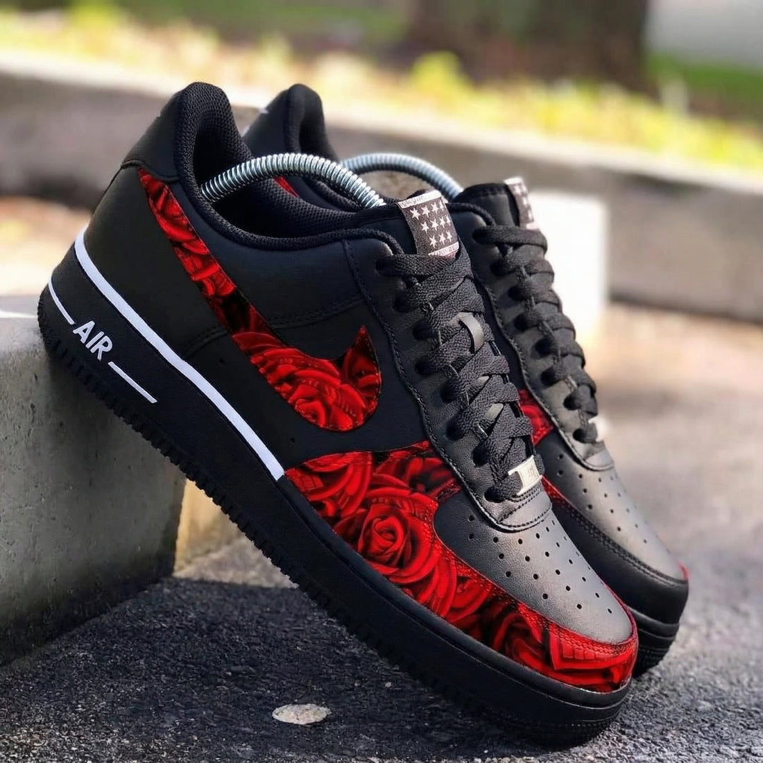 Custom AF 1s Shoes with Red Roses Black