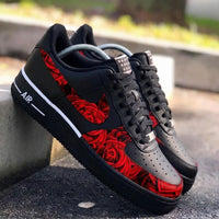 Custom AF 1s Shoes with Red Roses Black