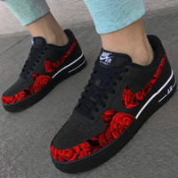 Custom AF 1s Shoes with Red Roses Black