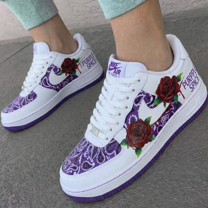 Custom AF 1s Shoes with Rose and Paisley Pattern Purple and Maroon