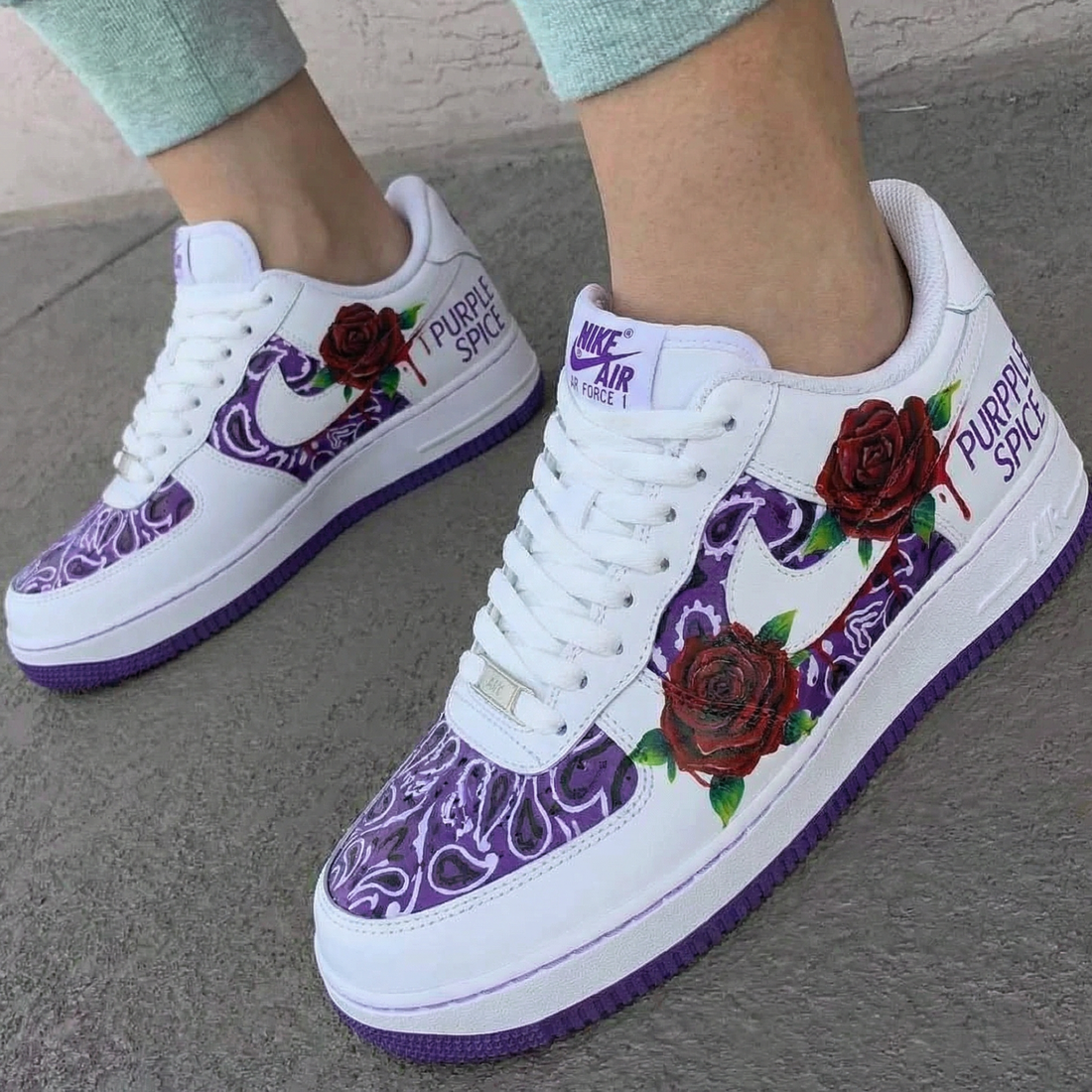 Custom AF 1s Shoes with Rose and Paisley Pattern Purple and Maroon