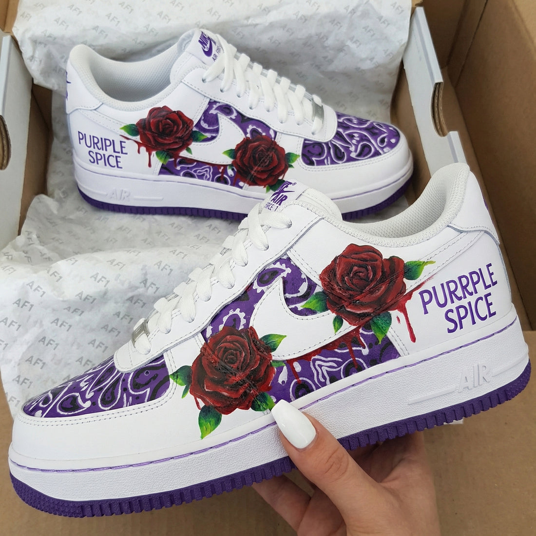 Custom AF 1s Shoes with Rose and Paisley Pattern Purple and Maroon