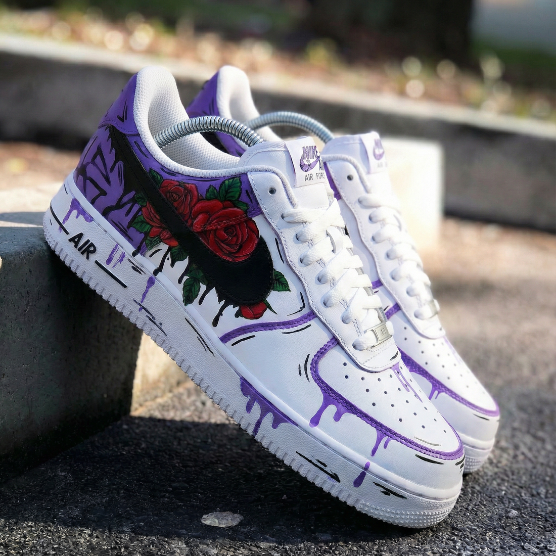 Custom AF 1s Shoes with Rose Graffiti Purple Black